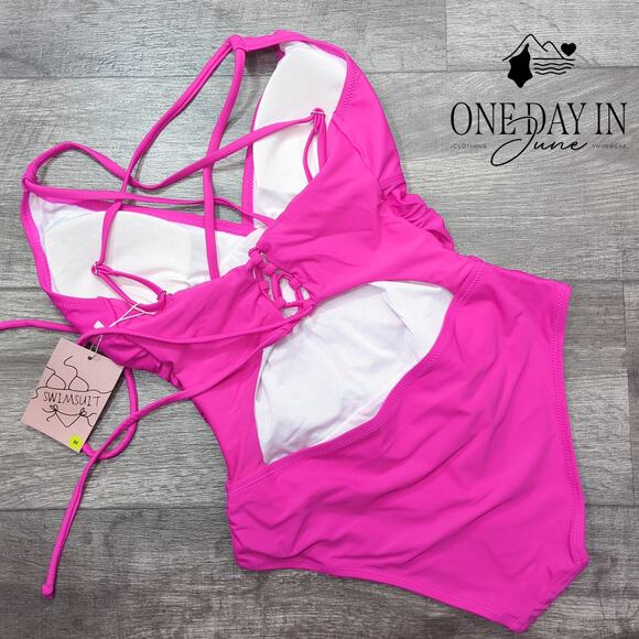 Adisputent Lace Up Strappy Back Tummy Control One Piece Swimsuit Size M - Picture 5 of 5